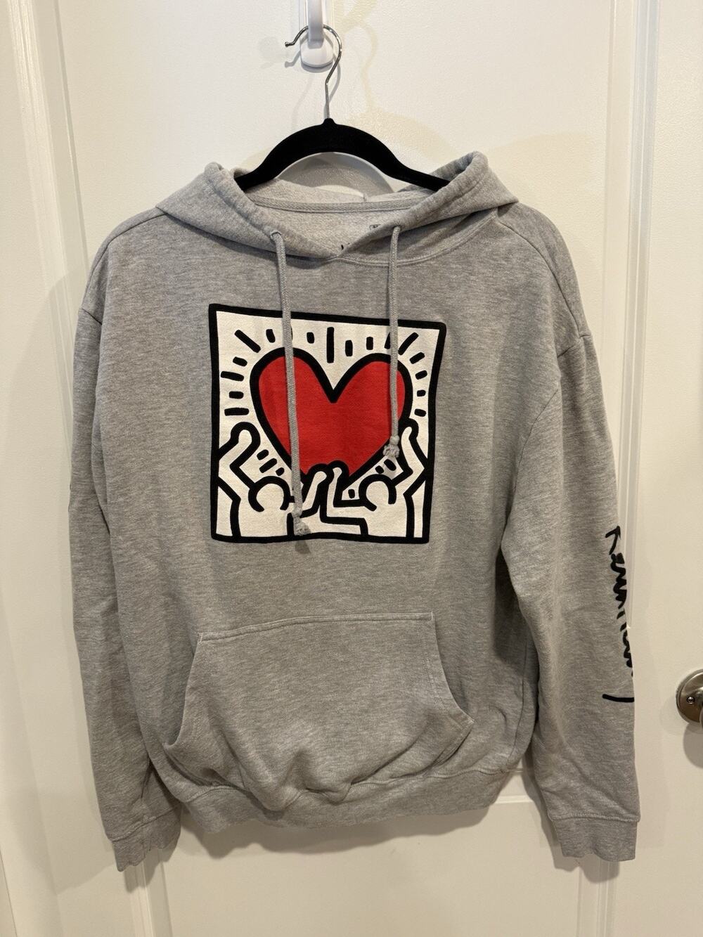 Keith Haring Foundation Gray Fleece Pullover Hoodie Red Heart Graphic M